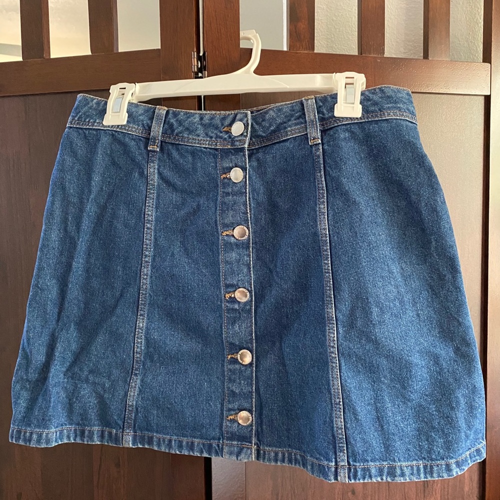 medium wash button up denim skirt